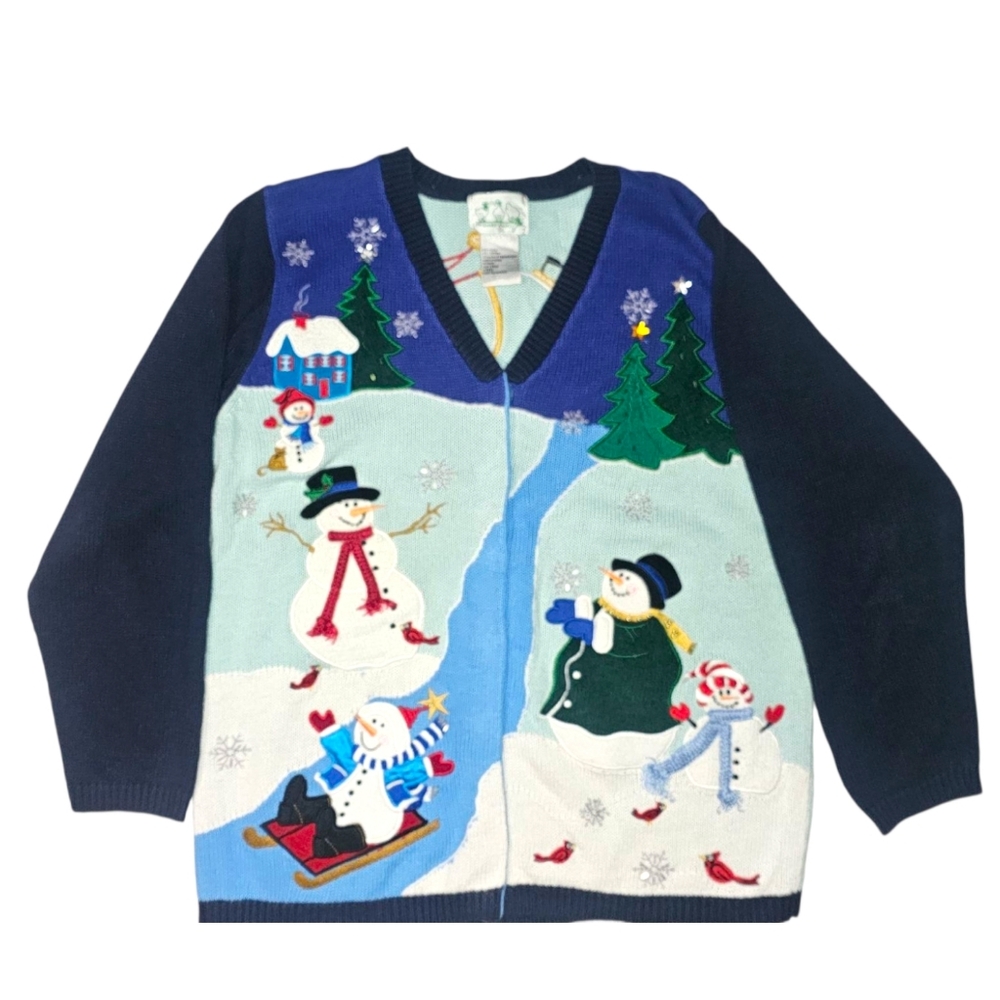 Vintage Cardigan Snowman Ugly Christmas Sweater The Quaker Factory Winter Retro